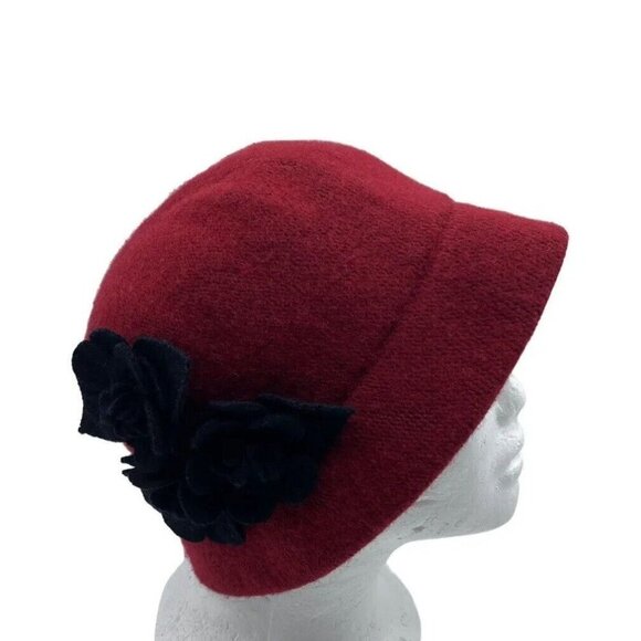 Badgley Mischka Red Wool Blend Cloche Bucket Hat with Gray Felt Flowers One Size - Picture 1 of 10